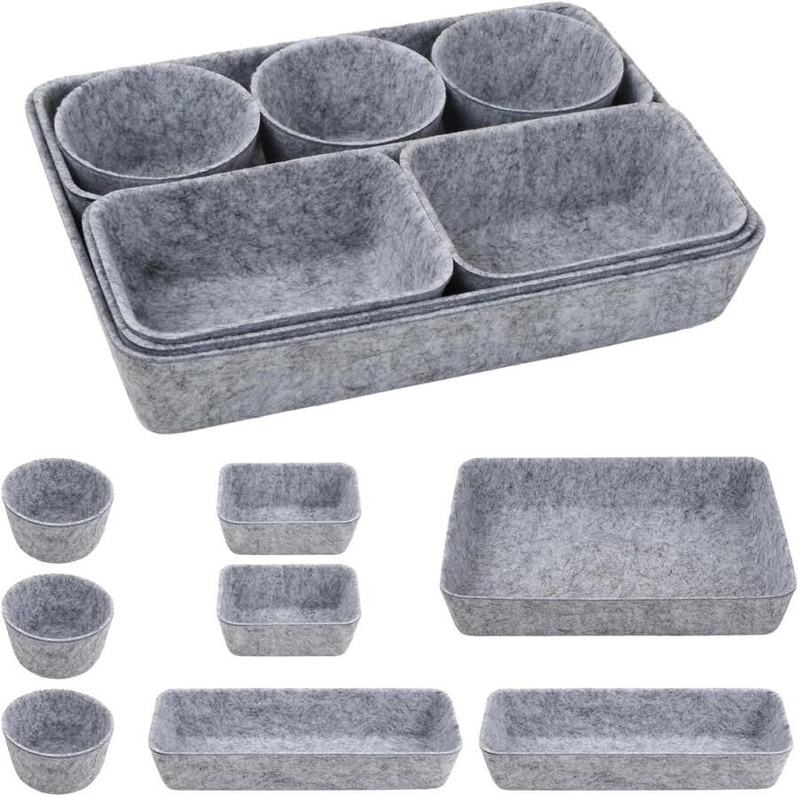 Allecto plus Set van 8 vilten lade-organizers voor kantoor slaapkamer badkamer Lichtgrijs Opbergbox voor kast en tafel