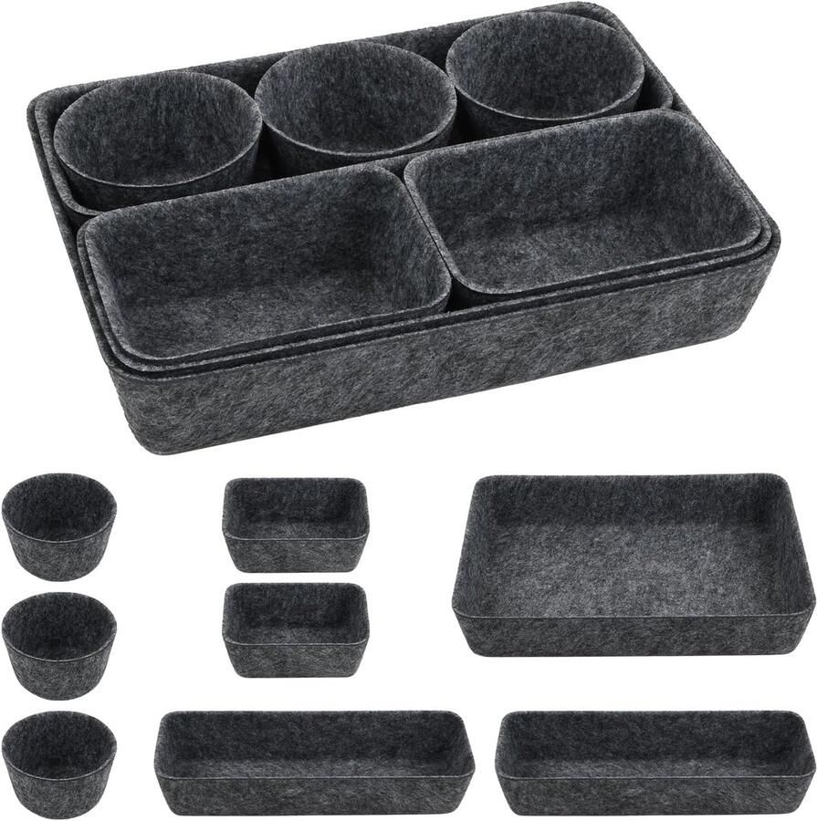 Set van 8 Vilt Lade-Organizers Modulaire Vilt Organizer voor Kantoor Slaapkamer Badkamer Kledingkast Tafelkleed (Donkergrijs)