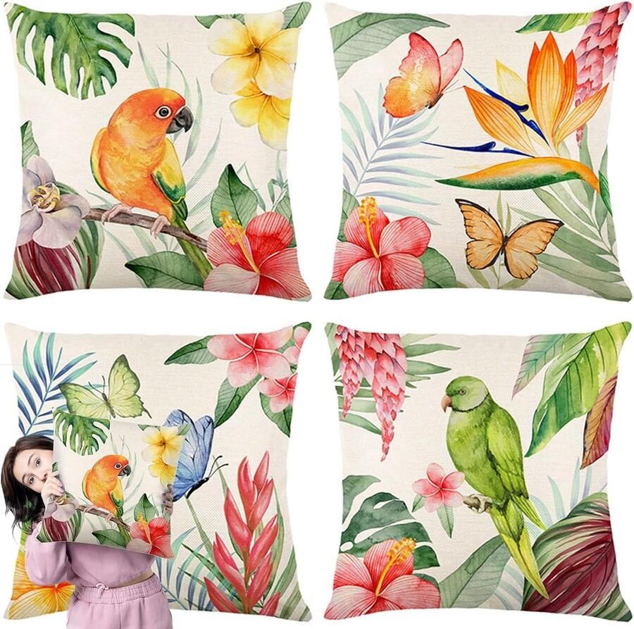 Allecto Plus Kussensloffen met Tropische Bloemen Buiten Decoratie 45 x 45 cm Polyester Linnen Bank Tuin Terras Decoratieve Kussenhoezen