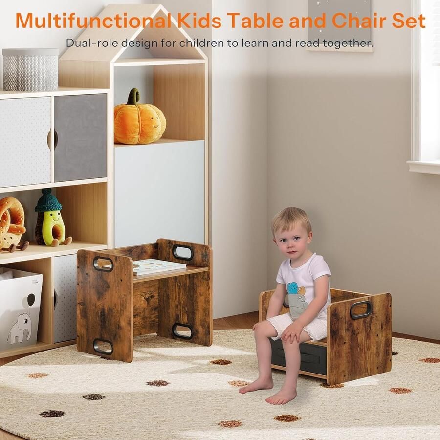 Set van tafel en stoel voor kinderen kindertafel met stoelen kindertafel met krukken met laden tekenen vintage bruin - Foto 3