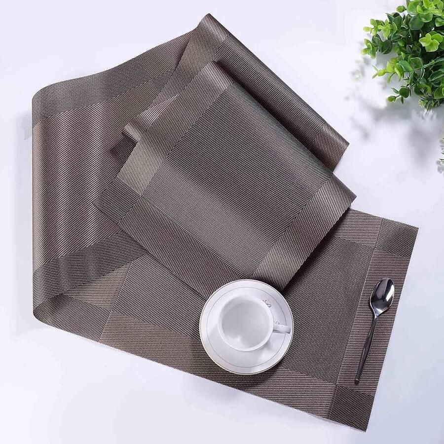 Set van tafelloper en placemats bruin set van 6 kunstvezel