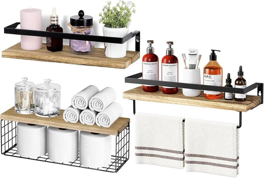 Set van 3 houten wandrekken voor badkamer keuken en woonkamer Multifunctioneel wandrek met handdoekhouder