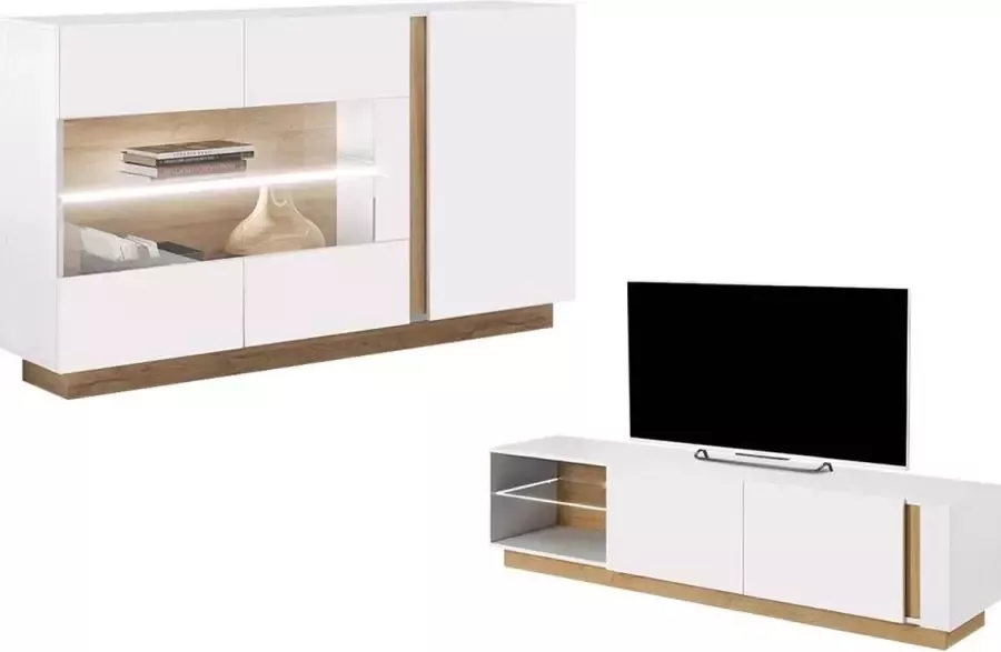 Set wit glanzend en naturelkleurige buffetkast en tv-meubel Heldere woonkamer MURARI L 187.5 cm x H 90.5 cm x D 40 cm