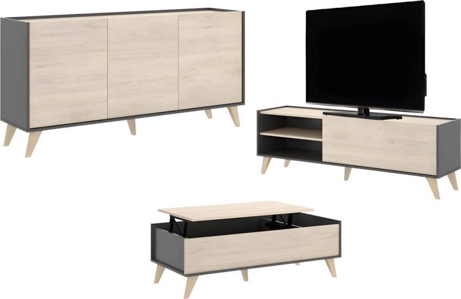 Set woonkamer KOLYMA: Salontafel + TV-meubel + buffetkast Antraciet eiken L 155 cm x H 75 cm x D 60 cm