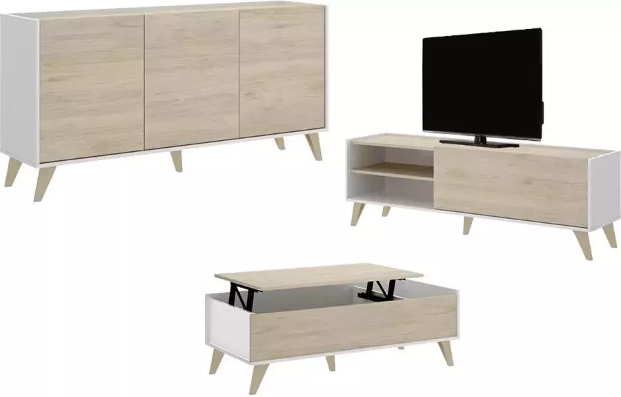 Set woonkamer KOLYMA: Salontafel + TV-meubel + buffetkast Wit eiken L 155 cm x H 75 cm x D 60 cm