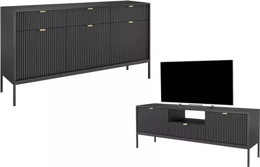 Vente-unique Set zwarte buffetkast en tv-meubel Eigentijdse woonkamer LIOUBA L 154 cm x H 83 cm x D 39 cm