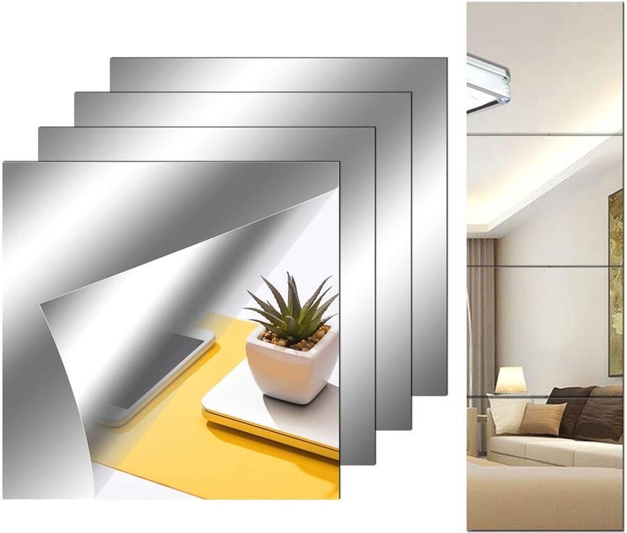 SETROVIC 4-pack 20 x 20 cm 8 x 8 inch spiegeltegels zelfklevende klevende spiegel spiegelwand kleine spiegel om op te plakken klevende spiegel voor kast zand tatoeage badkamer