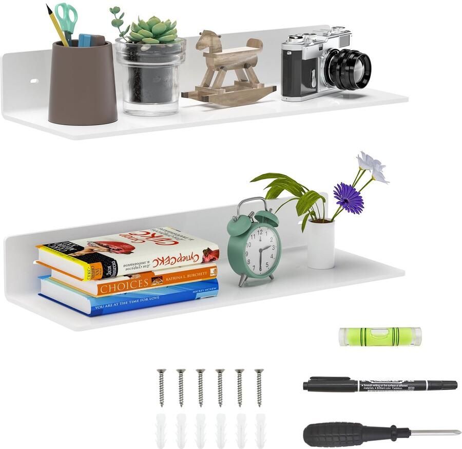 Sezanrpt 2-pack witte zwevende acrylplanken 38 cm wandplanken voor in de badkamer wandopbergrek voor keuken eetkamer woonkamer en slaapkamer