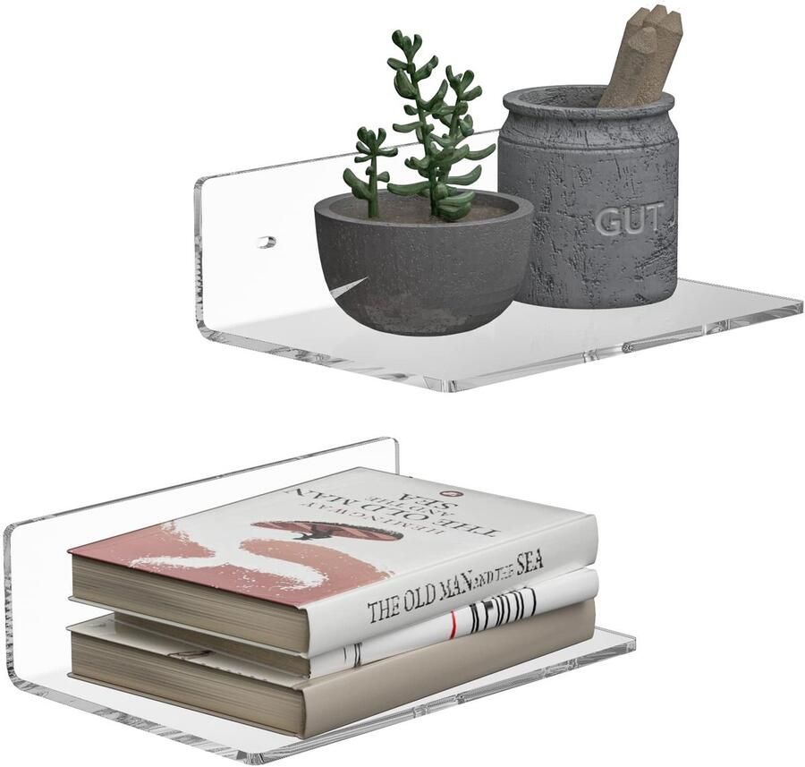 Sezanrpt 23cm transparante wandplank kleine zwevende plank van acryl voor aan de muur wanddisplayplanken voor thuisgebruik kamerdecoratie ruimtebesparend organizer voor individuele onderdelen 2-pack