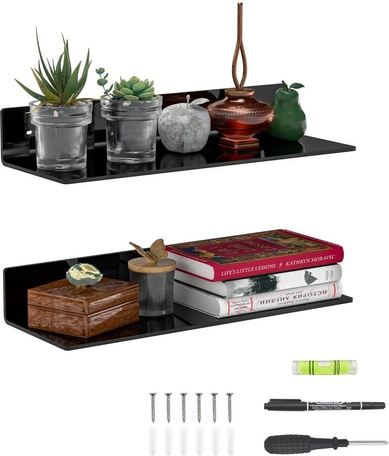 Sezanrpt 38cm zwarte acryl wandplanken (2-pack) L-vormige zwevende plank van acryl hoekplank van acryl perspex wandplanken voor wanddecoratie Moel auto kaars kalender handdoek tissue