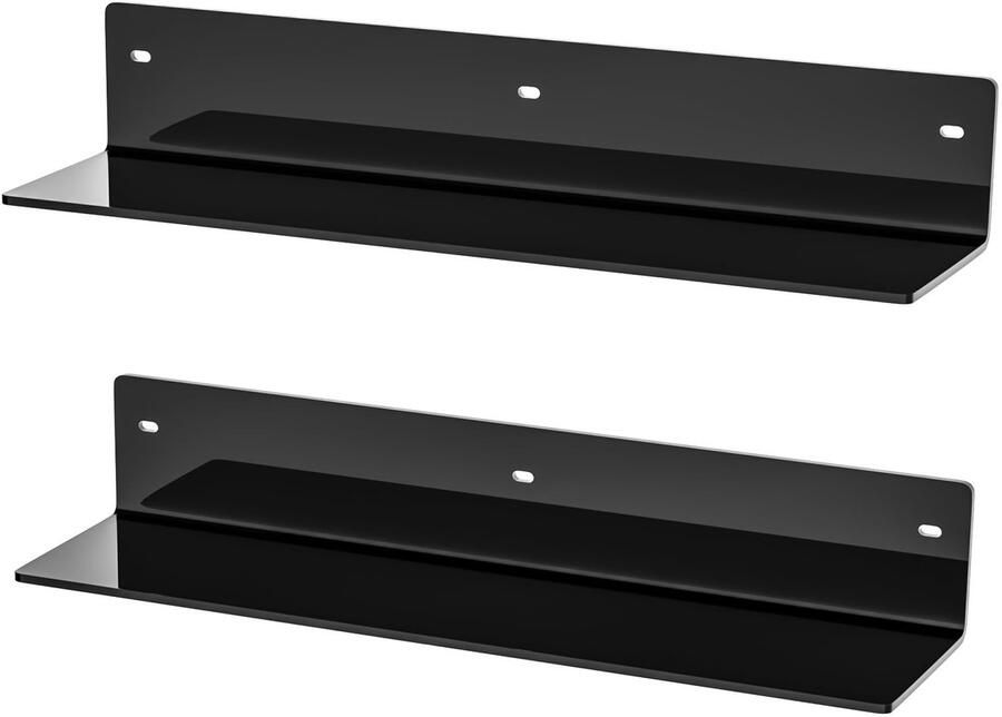 Sezanrpt 40cm zwarte acryl wandplanken (2-pack) zwevende plank in L-vorm hoekplank van acryl voor modelauto kaars kalender handdoek toiletartikelen vochtbestendig 10cm diep