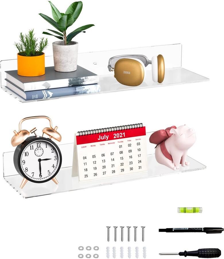 Sezanrpt 50cm transparante wandplanken zwevende wandplank van acryl voor planten luidsprekers radio Funko Pop knuffels boeken cosmetica toiletartikelen 2-pack (50cm)