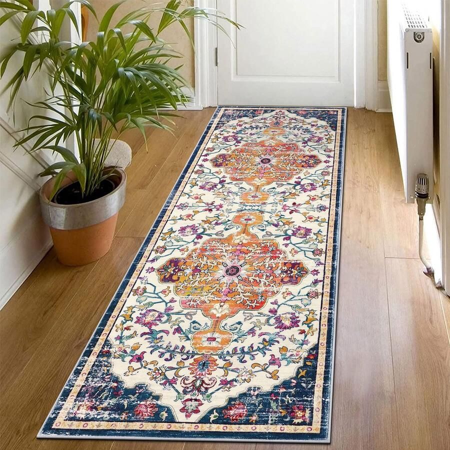SHACOS Boho loper voor de gang 60x180 cm kortpolig pluizig antislip keukenkleed wasbaar vintage loper voor de gang keuken slaapkamer beige blauw oranje