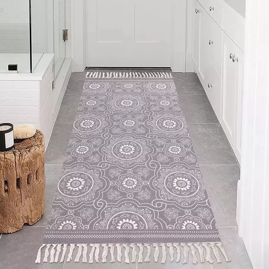 SHACOS katoenen tapijt loper voor keuken hal handgeweven boho karpet wasbare bedrukte karpetten voor binnen met kwastjes vintage loper voor woonkamer slaapkamer wasruimte (grijs 60x90 cm)