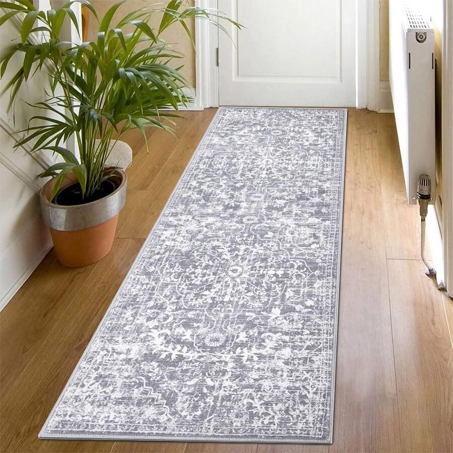 SHACOS kortpolige loper voor de gang antislip 60 x 180 cm grijs loper voor de gang wasbaar vintage keukentapijt kortpolige loper voor de gang keuken woonkamer