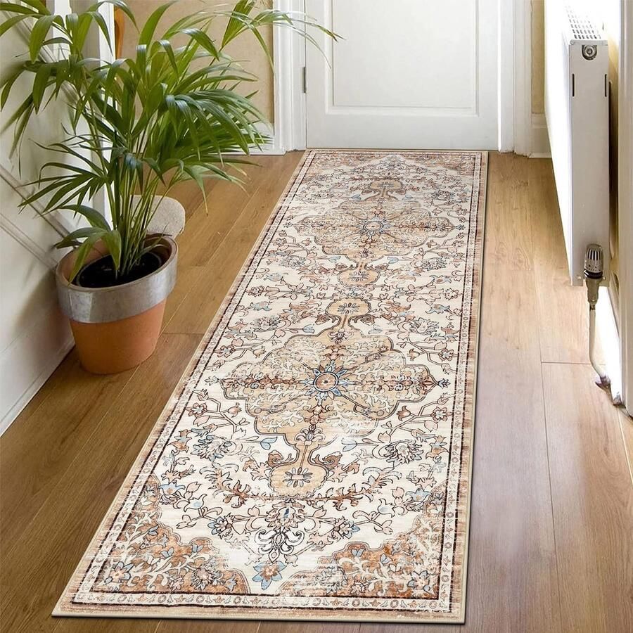 SHACOS Vintage Vloerkleed voor de Hal Beige Bruin 60x180 cm Kortpolig Zacht Vloerkleed voor de Hal Antislip Keukentapijt Wasbaar Boho Vloerkleed voor de Hal Keuken Entree Woonkamer
