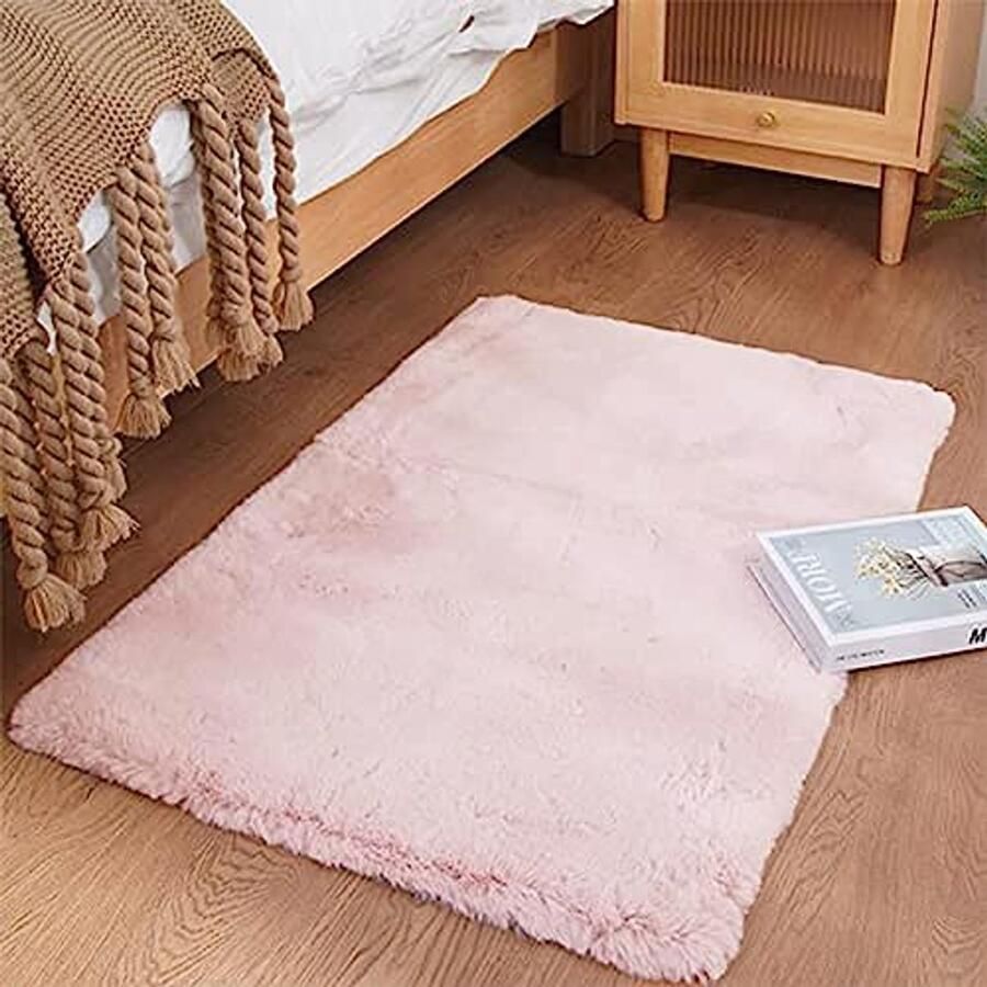 Shaggy pluche rechthoekig tapijt 60x90cm Roze anti-slip en wasbaar vloerkleed voor woonkamer en slaapkamer