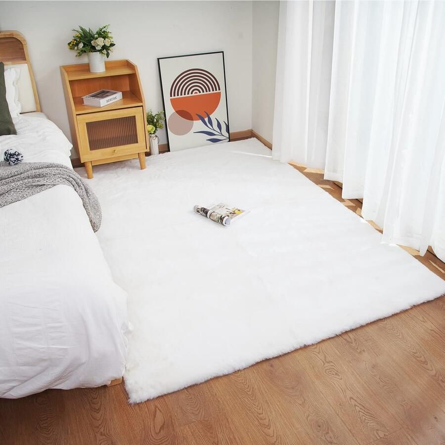 Shaggy pluche tapijt antislip wasbaar 150x215cm wit