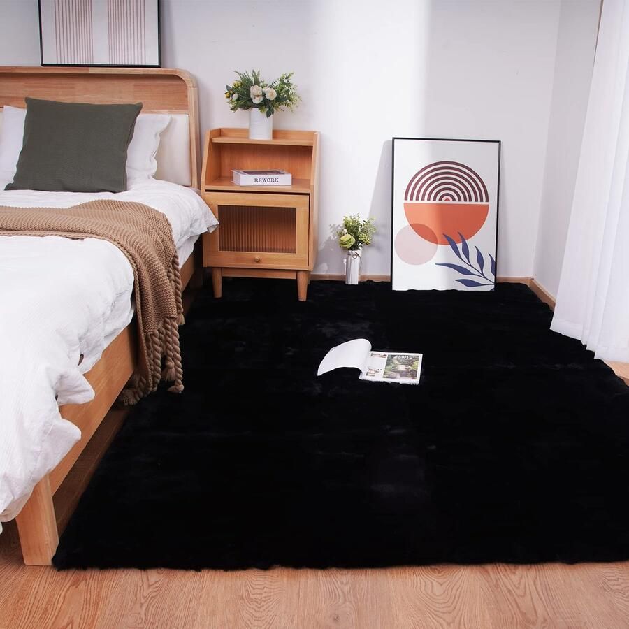 Shaggy pluche tapijt antislip wasbaar zwart 150x215cm