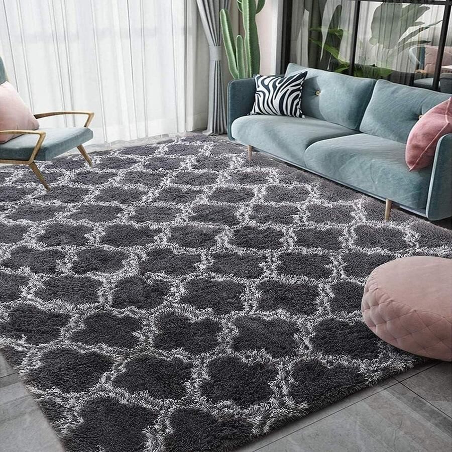 Shaggy tapijt anti-slip zacht comfortabel lang stapel rechthoekig woonkamer vloertapijt lichtzwart 135 x 185 cm