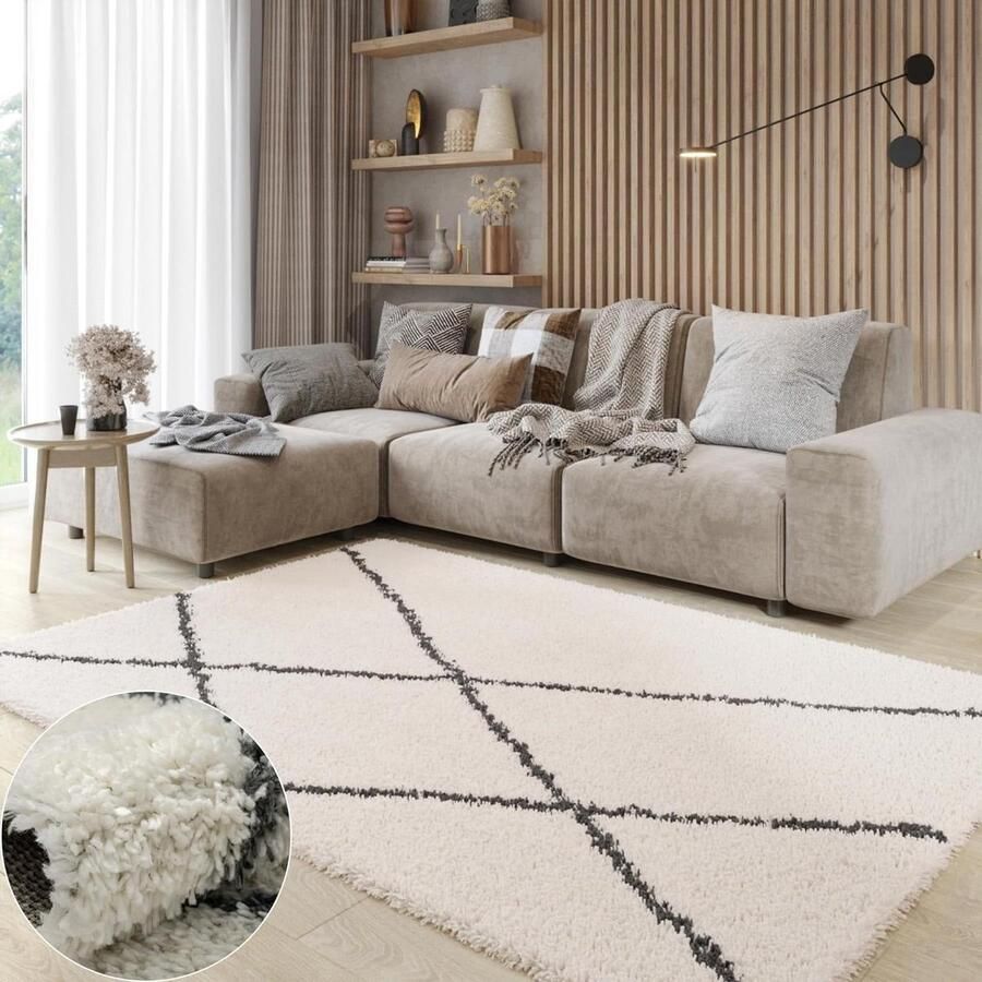 Shaggy Tapijt Luxe Rechthoekig Crème Wit 180 x 120 cm Hoogpolig Antislip Pluizig Zacht Modern Effen Patroon Woonkamer Slaapkamer