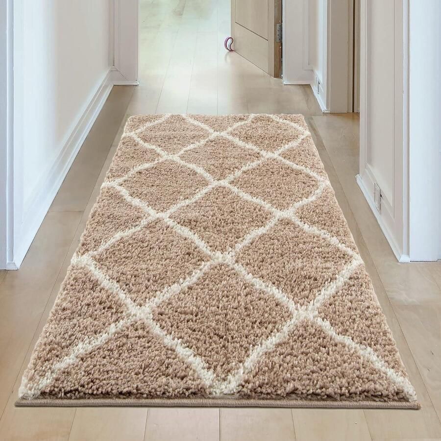 Shaggy tapijt moderne Marokkaanse designtapijten voor woonkamer slaapkamer hal 3 cm dikke vloerkleden Marokkaans beige ivoor 60 x 110 cm vloerkleed