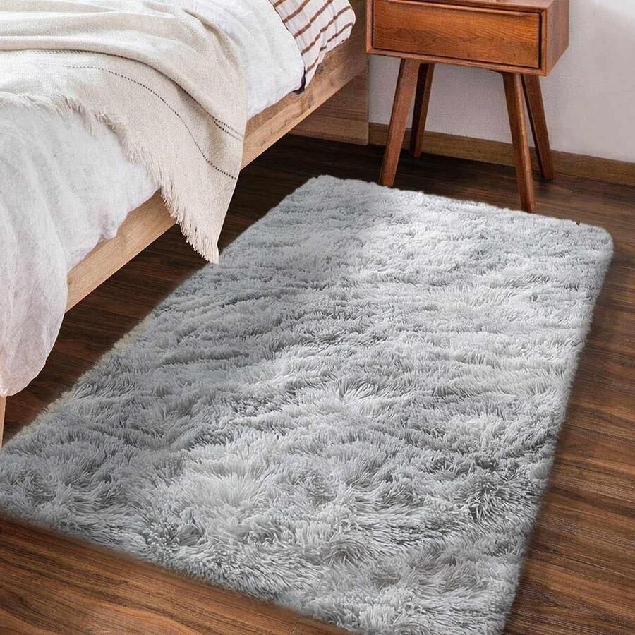 Shaggy vloerkleed voor de woonkamer slaapkamer pluizig zacht afwasbaar woondecoratie (80 x 150 cm wit grijs) vloerkleed
