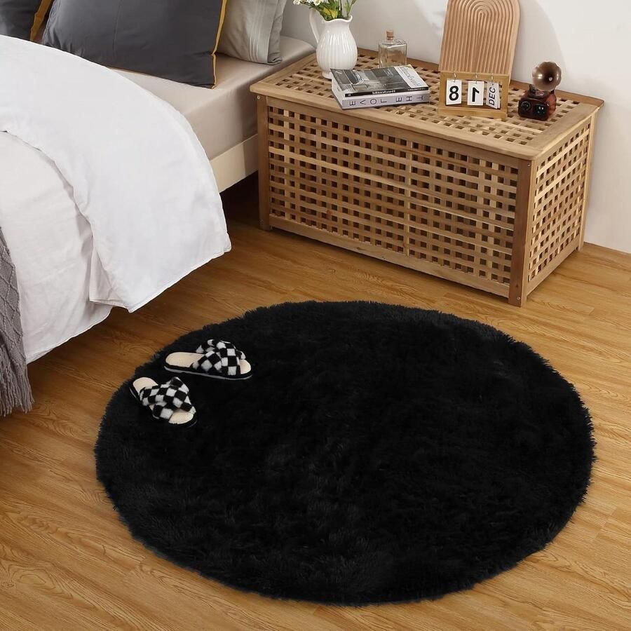 Shaggy Vloerkleed zwart 140 x 140 cm rond voor slaapkamer woonkamer slaapzaal kinderkamer pluche pluizig harig vachttapijt modern binnentapijt CAROMIO vloerkleed