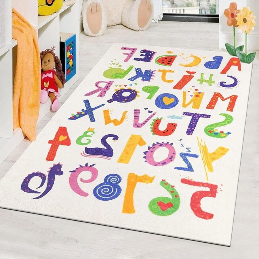 Shaggy zacht ABC alfabet en cijfer educatieve mat wasbaar meerkleurig antislip kinderkamer tapijt 90 x 150 cm speeltijd kruipmat peuter slaapkamer speelkamer