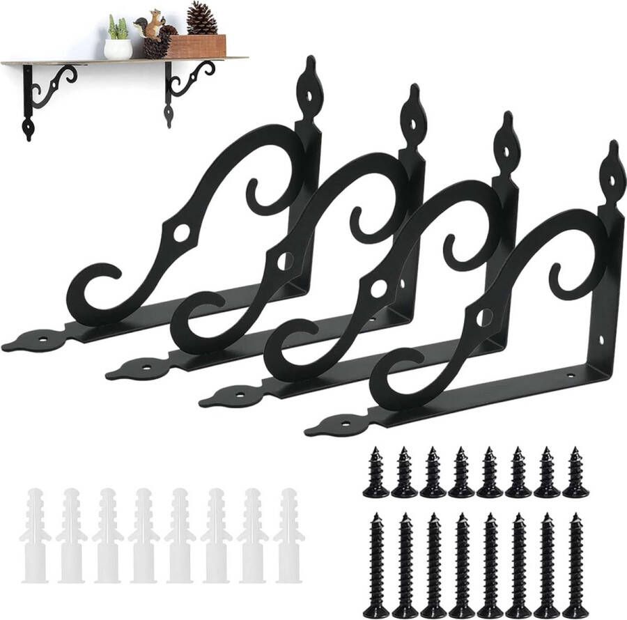 Shelf Brackets Black Metal Pack of 4 14 cm x 11 cm Shelf Brackets Heavy Duty Bracket Metal Heavy Duty Bracket Shelf Brackets Vintage for Wall Mounting Bookshelves Garden Kitchen