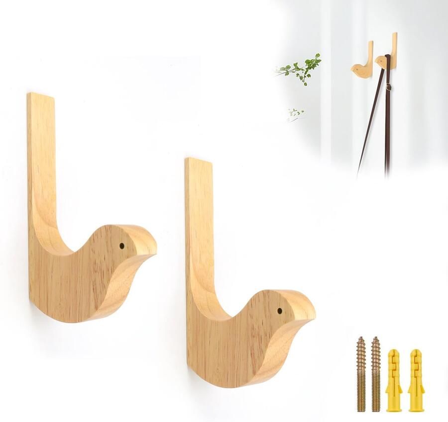 SHENGYIG 2-pack houten kapstokhaken vogelvormige wandhaken retro kapstokhaken met schroeven en expansiebuis kapstokhaken voor entree woonkamer slaapkamer muur