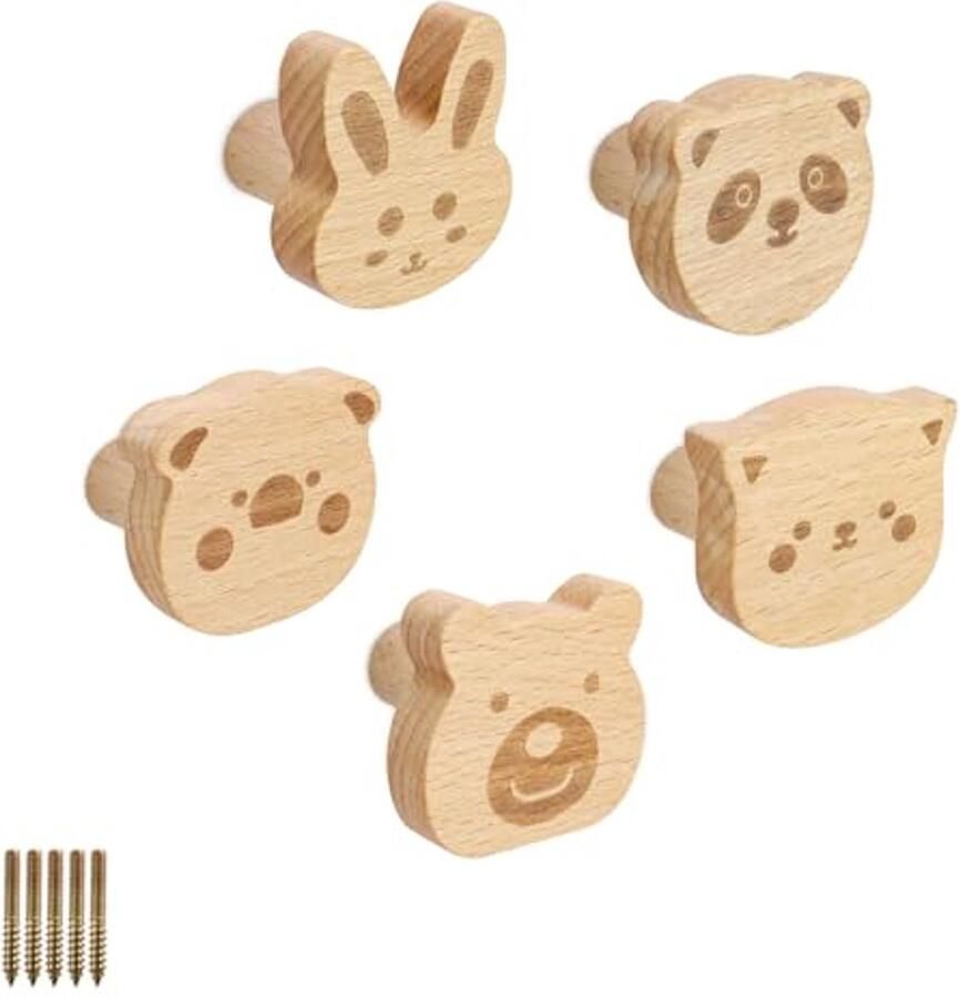 SHENGYIG Set van 5 houten kapstokhaken met diermodel zachte en elegante kleur houten kapstokhaken muurhaken voor het ophangen van jassen hoeden tassen