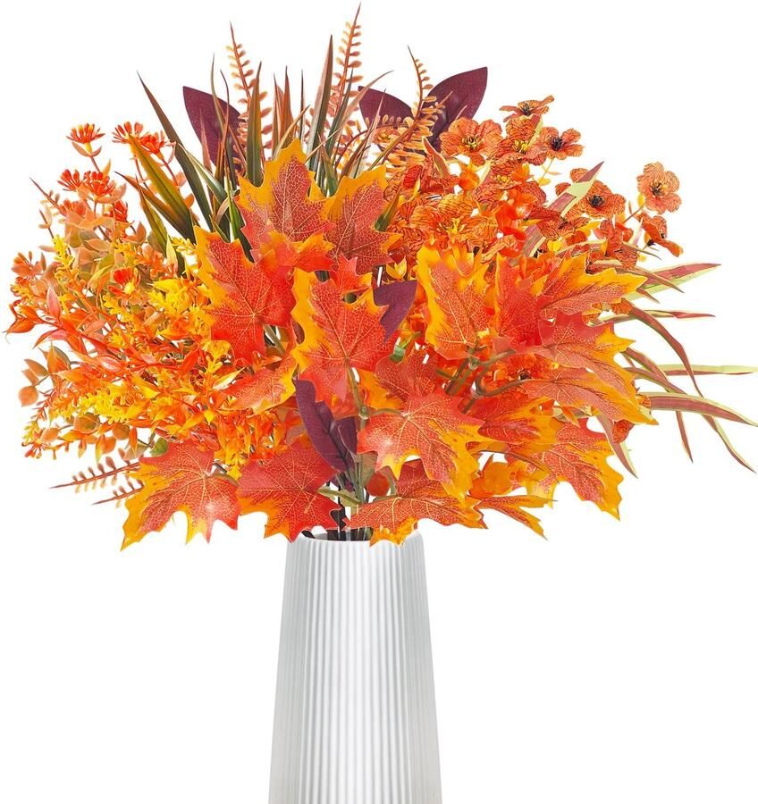 SHEPIN 8 Bundels Kunstmatige Herfstbloemen Herfstdecoratie Herfstboeket Kunstmatige Eucalyptus Herfsttakken Esdoornbladeren Kunstmatige Bloemendecoratie Herfstdecoratie voor Binnen Buiten Tafel Balkon Doos Bloembak