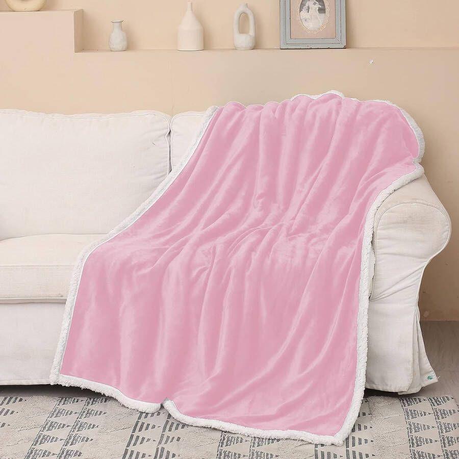 Sherpa-deken dubbelzijdige fleece deken voor eenpersoonsbed extra dikke warme bankdeken knuffelige bankdeken alle seizoenen of woonkamerdeken roze 150 x 130 cm