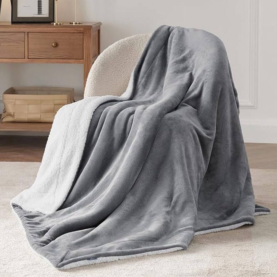 Sherpa deken fleece microvezel voor bed en bank grijs 150x200cm super zachte donzige deken voor woonkamer en slaapkamer