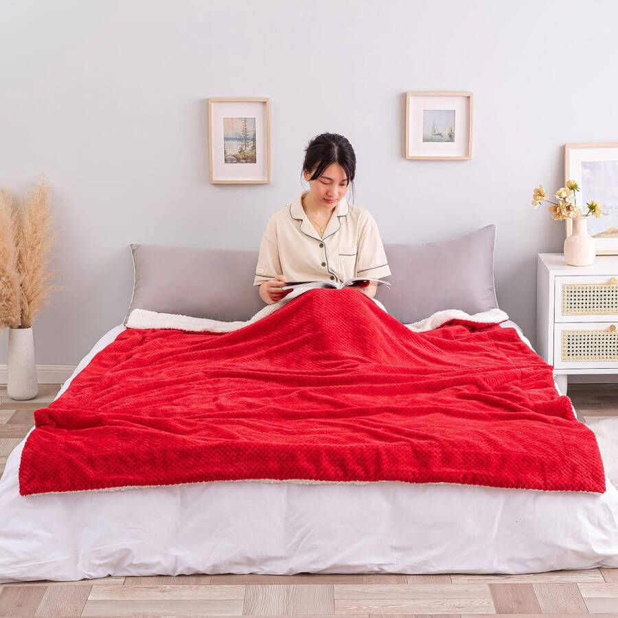 Sherpa-deken knuffeldeken donzige deken dubbele wollen deken flanellen lamsdeken zachte sprei bedsprei voor bank woonkamer 150 x 200 cm rood