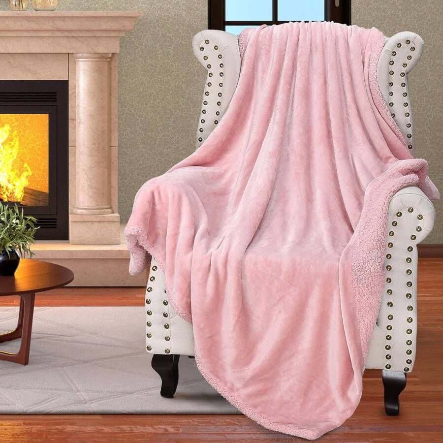 Sherpa-deken omkeerbare fleece deken eenpersoonsbed extra dikke warme bankdeken gezellige bankdeken wasbaar pluizig pluche roze 150 x 130 cm