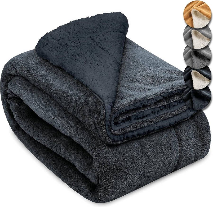 Sherpa Deken Plaid 150x200cm Alina XXL Sofa Deken Antraciet Antraciet Dik Winter Deken Fluffy Plaid Bank Deken Fleece Plaid Warm Deken met Schapenvacht Uitstraling