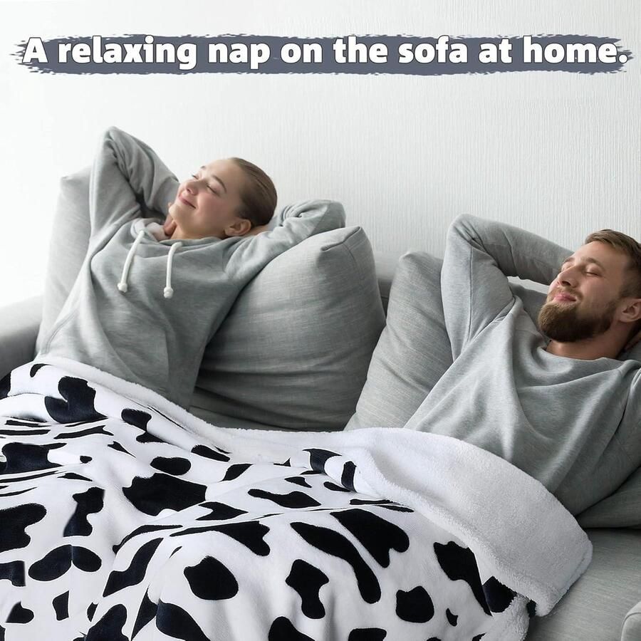 Sherpa Fleece Deken Koe Print Warm en Gezellig Winter Deken Dik en Zacht Pluche Omkeerbaar Fluffy Sofa Deken Single Bed All Season 150 x 130 cm - Foto 2