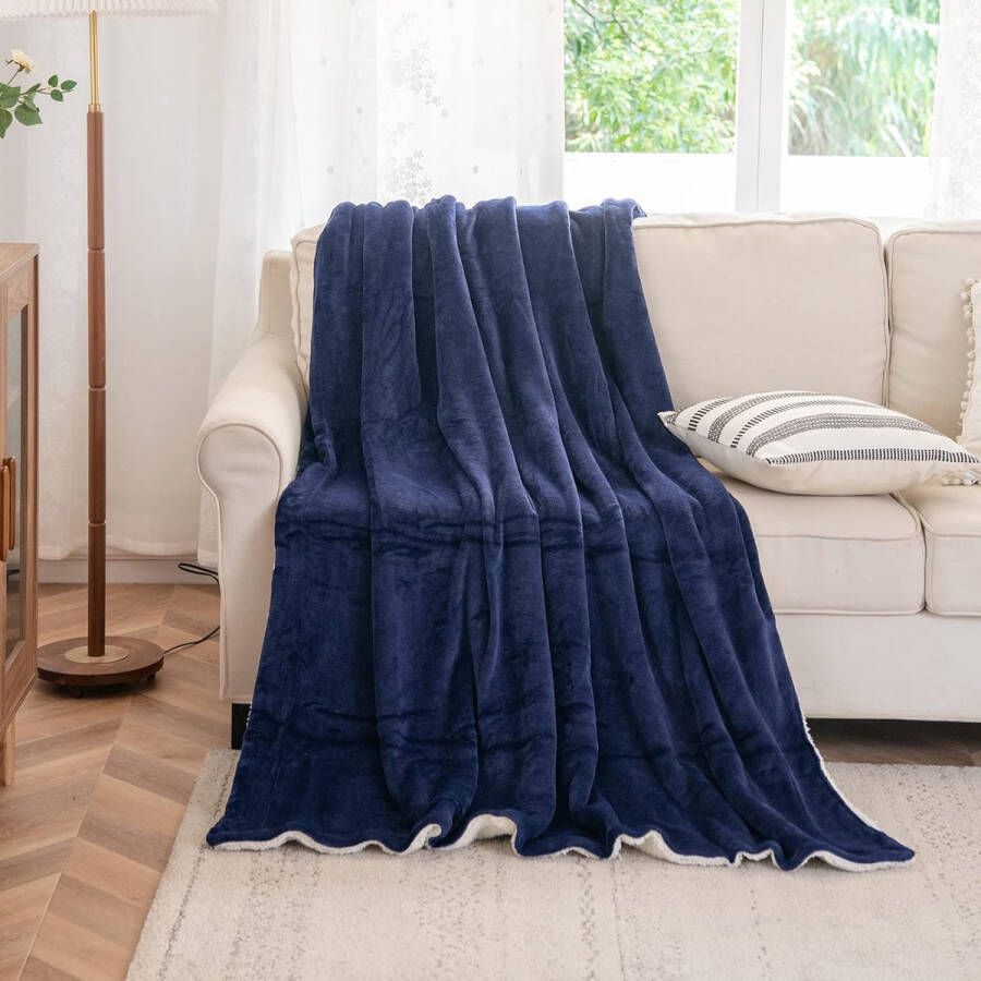 Sherpa fleece plaid deken 150* 200 cm zachte gezellige pluizige omkeerbare microvezel massieve dekens voor bed bank sofa (marine twee- of tweepersoonsbed)
