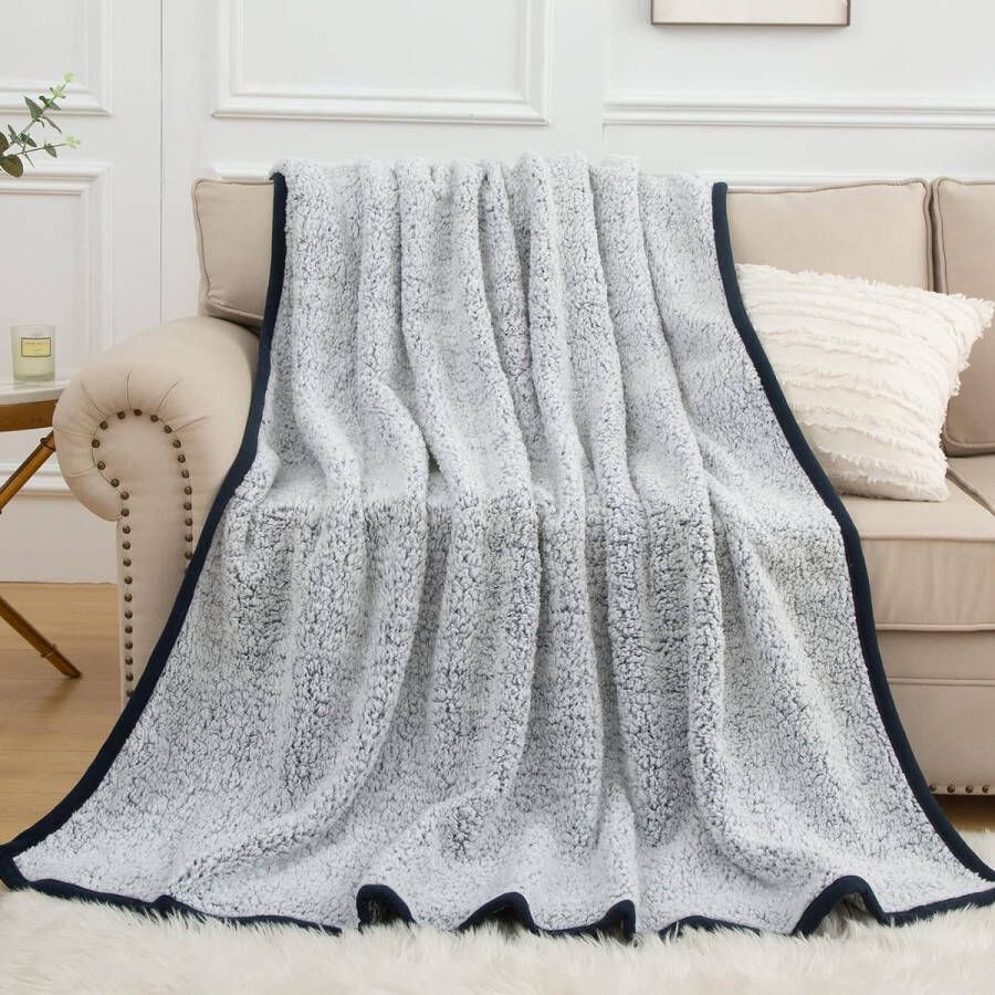 Sherpa knuffeldeken dik en elegant bankdeken dubbelzijdig extra zacht warm gezellig omkeerbaar XL pluizige deken voor bank en bed (marineblauw 150 x 200 cm)