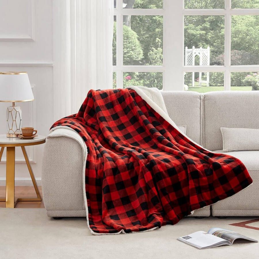 Sherpa knuffeldeken omkeerbare zachte deken voor bank bed decoratieve dikte pluizige fleecedeken werpdeken voor reizen en buiten kamperen rood 150 x 200 cm