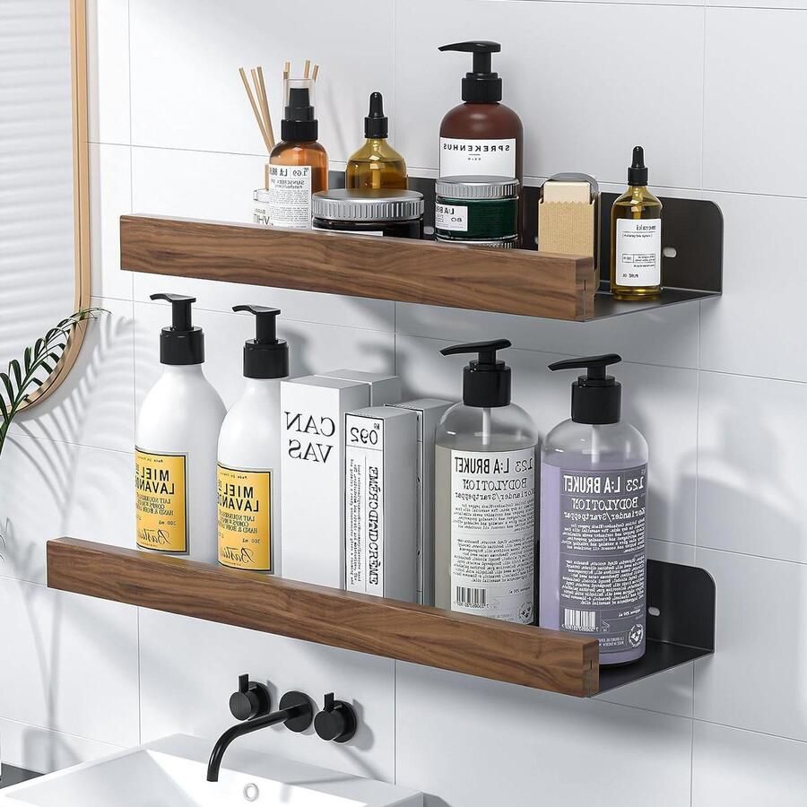 Shine Doucheplank van hout set van 2 matzwart ferrolegering notenhout badkamer keuken woonkamer bathroom shelf wood