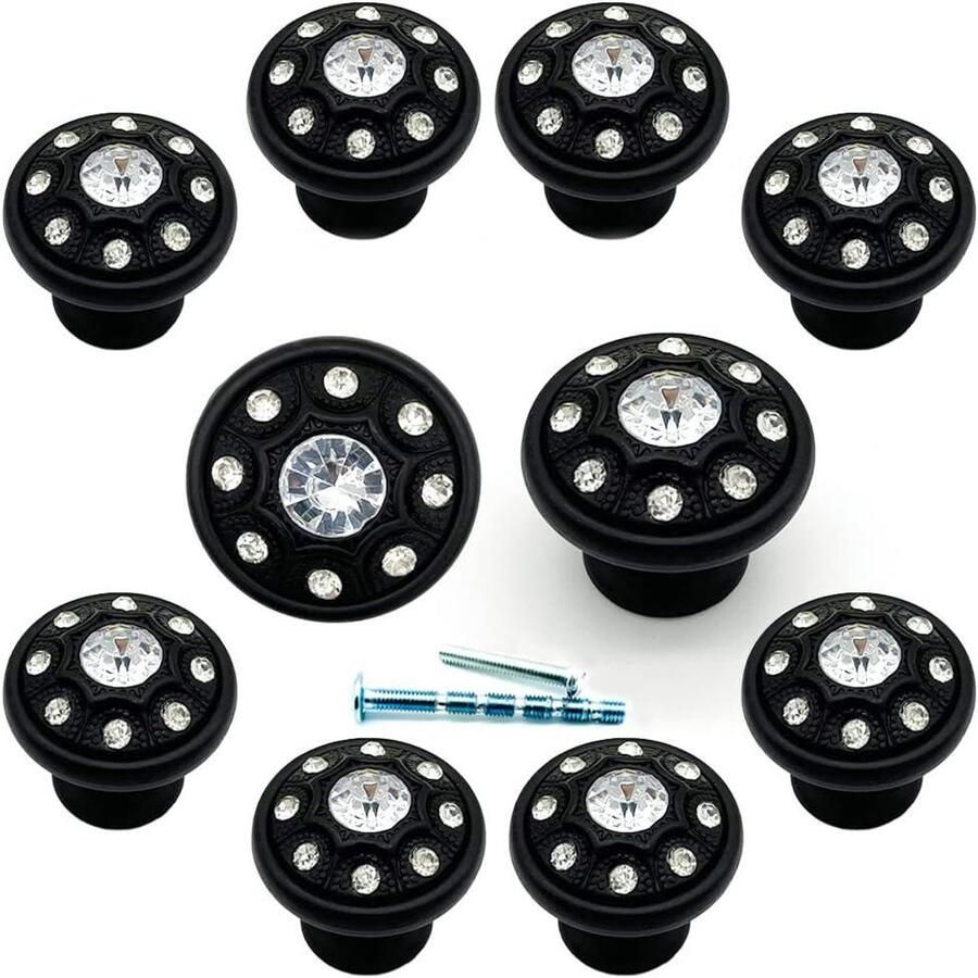 Shiny-Cabochon-Diamant-Kristal-lade-knoppen Bigsize-Sparkling-Crystal Surround-Gems-Dresser-Knop Modern-Elegant-Meubels-Decor-Kast-Trekt (zwart) Set van 10