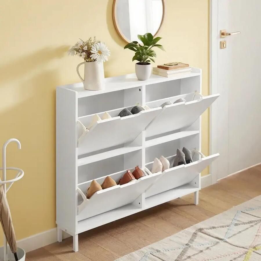 Shoaker Schoenenkast met 4 Kleppen – Smalle Schoenen Organizer voor Hal & Entree – Wit – 100x19x91 cm – SoBuy FSR100-W