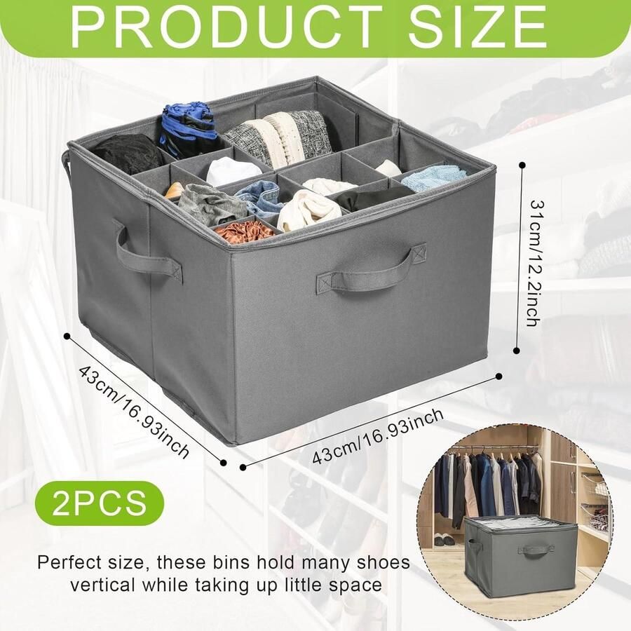 Shoe Organizer for Closet Fabric Shoe Storage Trays with Adjustable Dividers and Lid Space Saving Shoe Containers Holder (Grey) Set of 2
