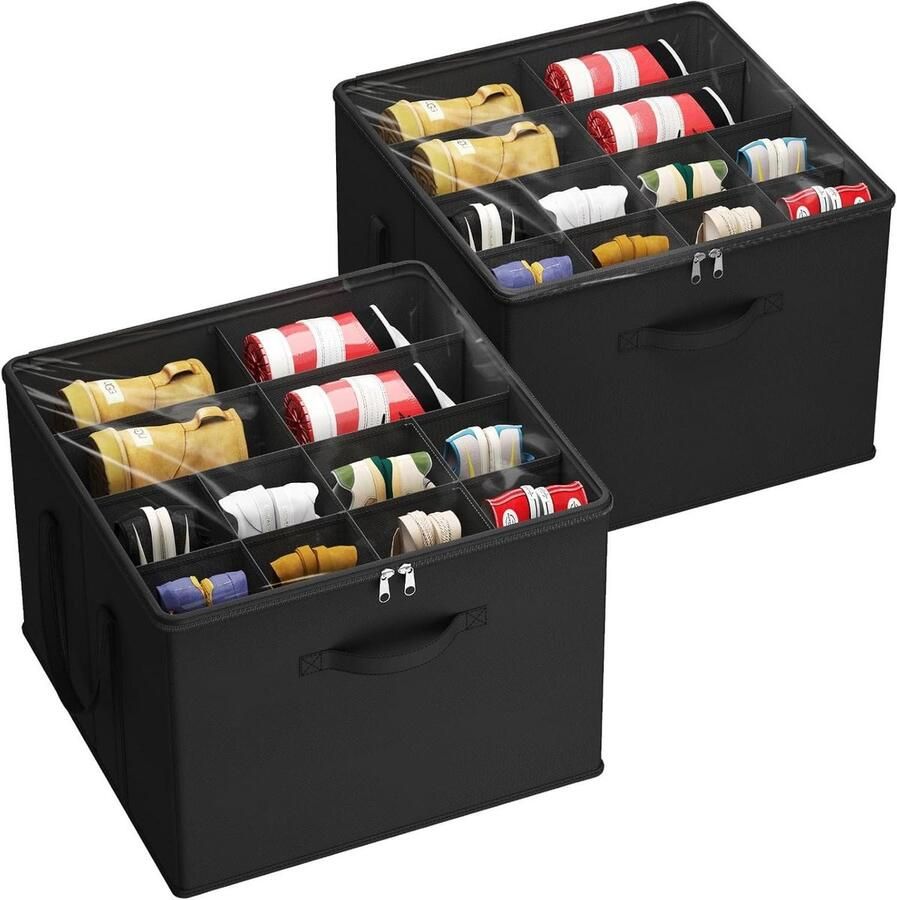 Shoe Organizer set of 2 for 16 Pair Shoes Large Cabinet with Dividers and Lid Space Saving Shoe Box with Handles Black
