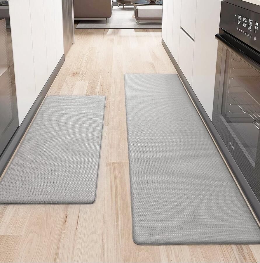 SHOP YOLO-keukenmat-44 x 75 + 44 x 150 cm-Veerkrachtig Leder Keukenmat Anti slip Wasbaar-Comfortabele Keukenmat Waterdicht voor Keuken-Woonkamer-grijs