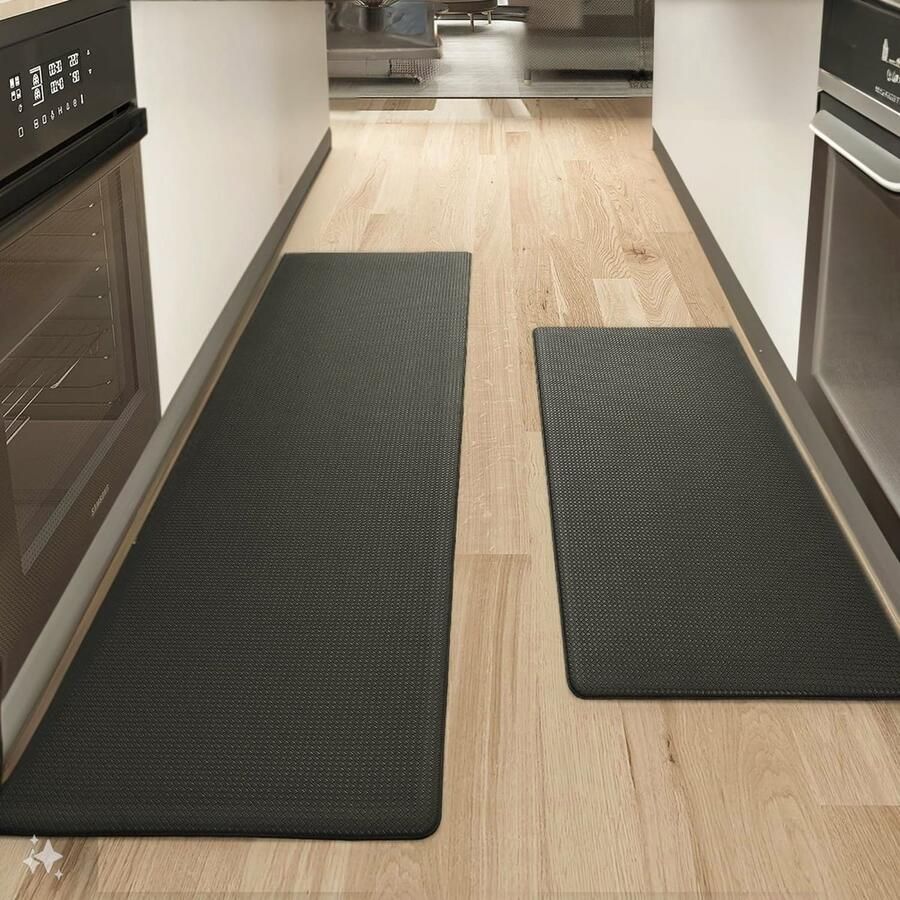 SHOP YOLO-keukenmat-44 x 75 + 44 x 150 cm-Veerkrachtig Leder Keukenmat Anti slip Wasbaar-Comfortabele Keukenmat Waterdicht voor Keuken-Woonkamer-zwart
