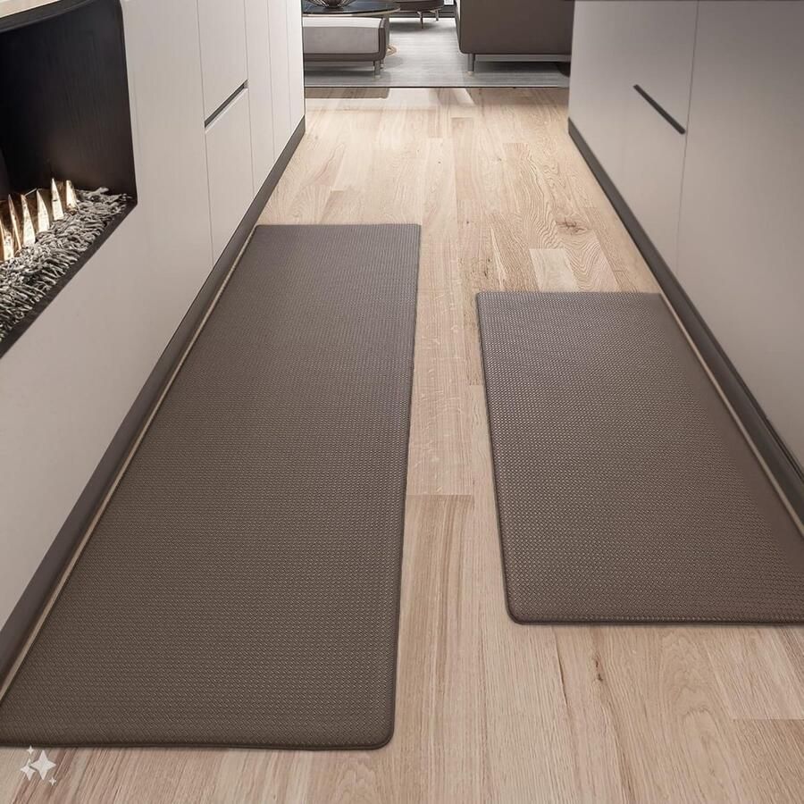 SHOP YOLO-keukenmat-44 x 75 + 44 x 150 cm-Veerkrachtig Leder Keukenmat Anti slip Wasbaar-Comfortabele Keukenmat Waterdicht voor Keuken-Woonkamer-bruin